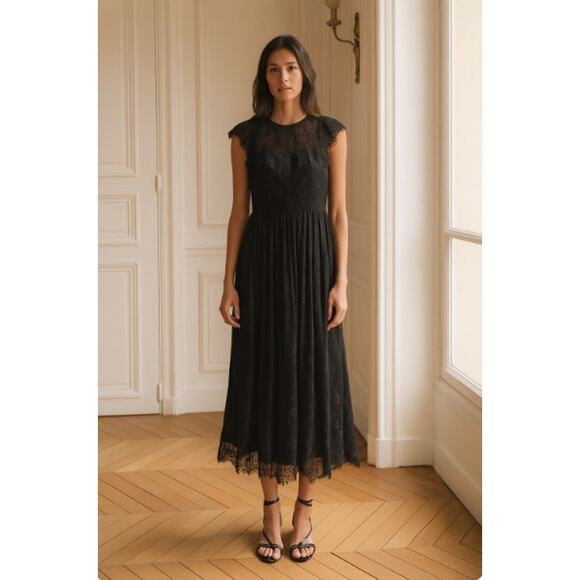 Parker Black lace cocktail dress 2  gothic witchy goblincore midi sheer illusion - Picture 1 of 15